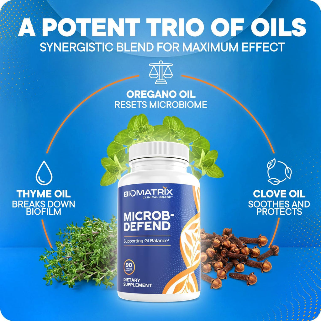 BioMatrix Microb-Defend: Disruptor de Biopelículas con Aceite de Orégano, Tomillo y Clavo (90 Cápsulas)