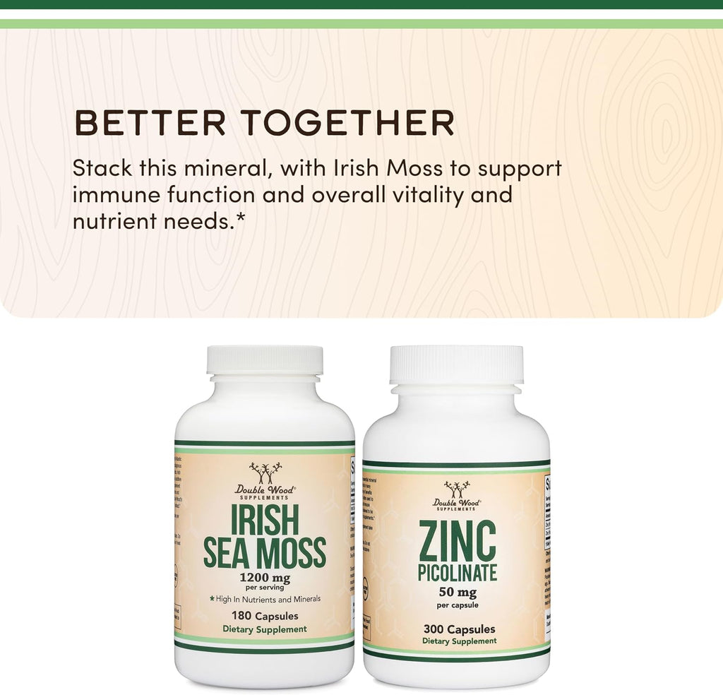 Irish Sea Moss Cápsulas, 180 cápsulas, 1.200 mg por porción - Double Wood Supplements