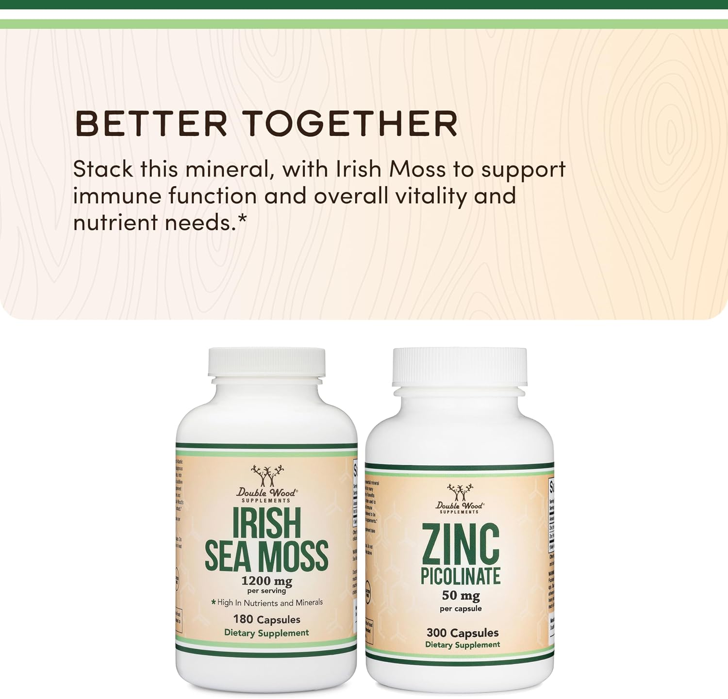 Irish Sea Moss Cápsulas, 180 cápsulas, 1.200 mg por porción - Double Wood Supplements