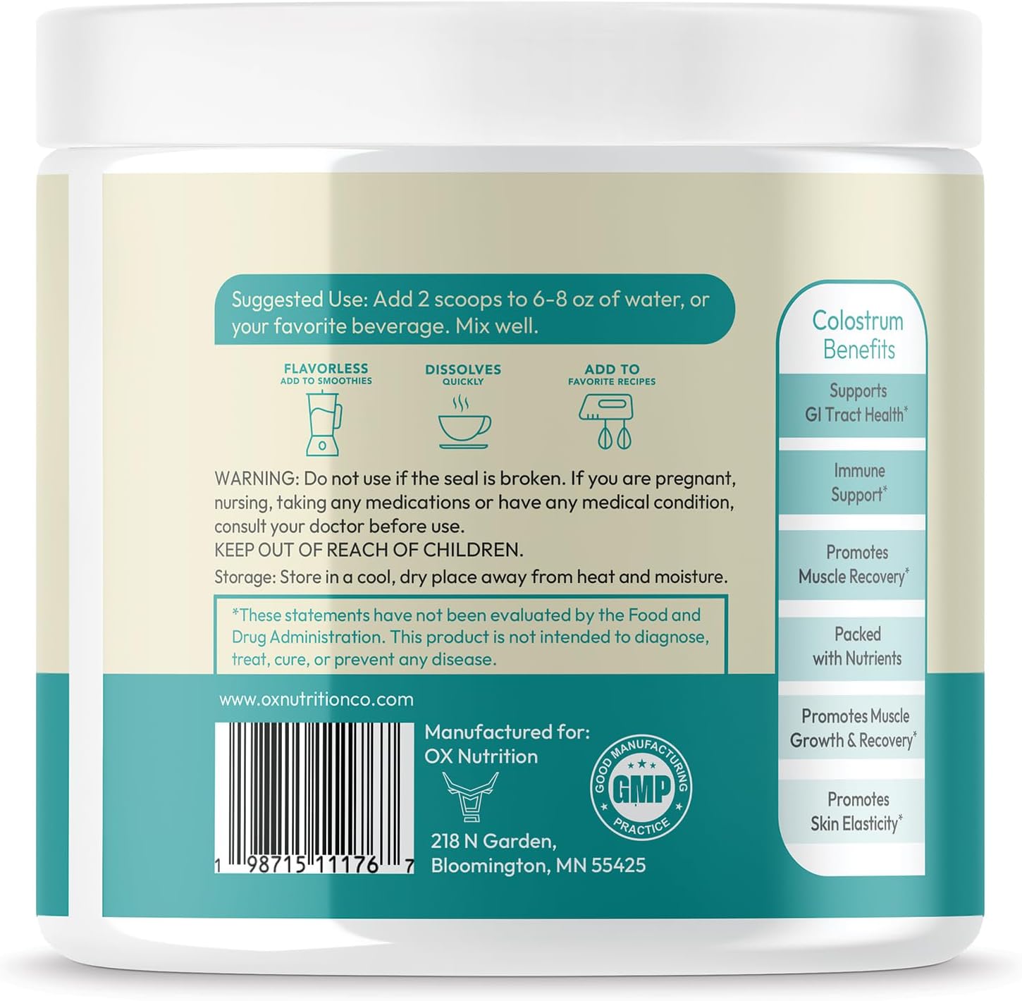 OXNUTRITION Colostrum en Polvo Puro de Pasto, 60 Porciones