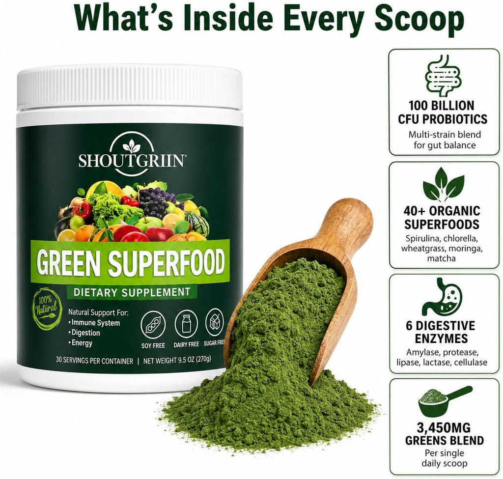 SHOUTGRIIN Green Superfood Powder - Superalimentos Verdes Orgánicos