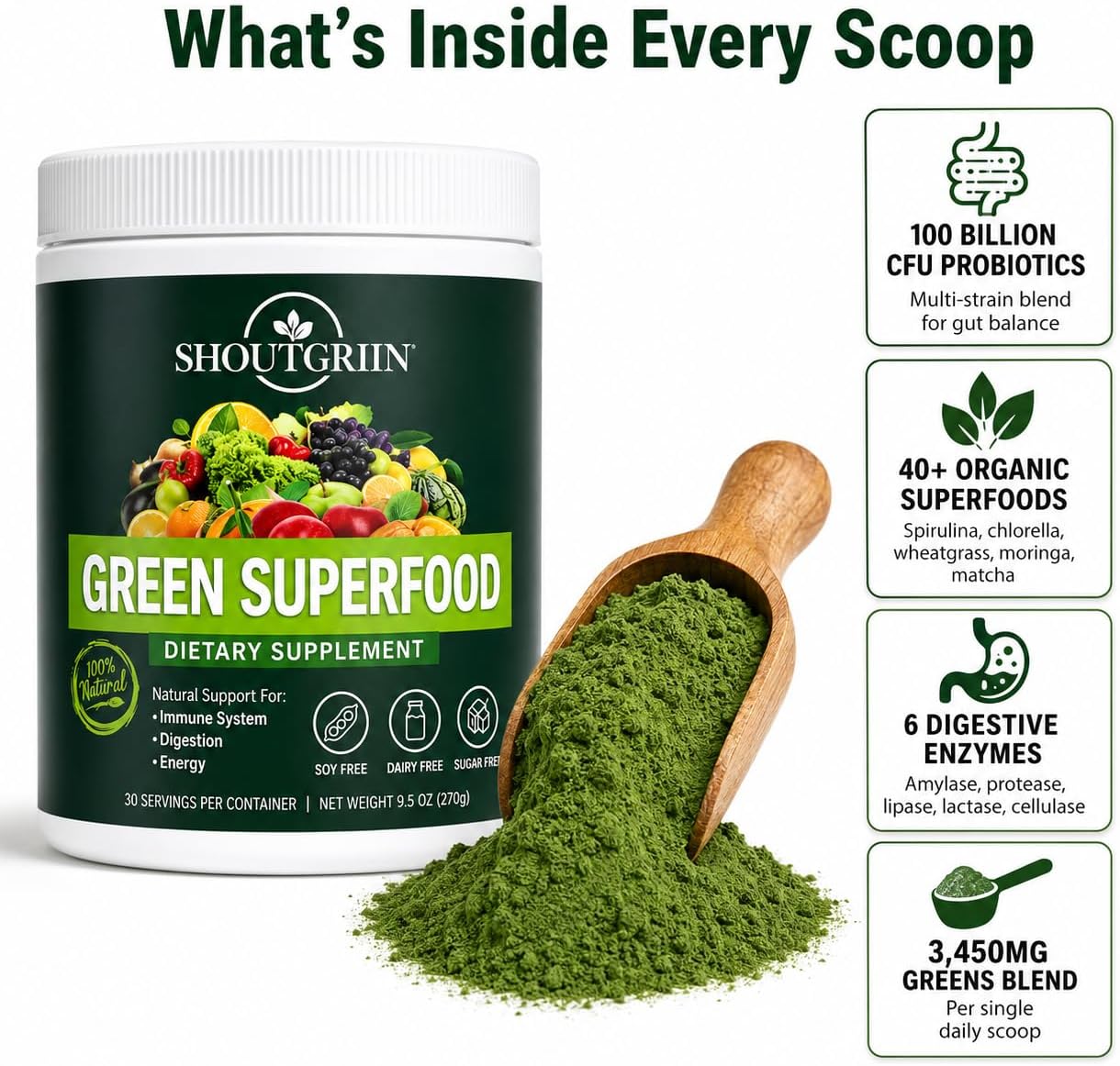SHOUTGRIIN Green Superfood Powder - Superalimentos Verdes Orgánicos