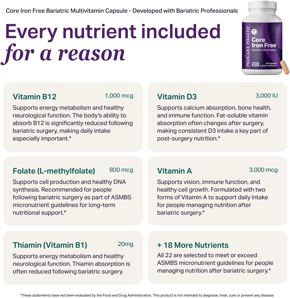 Procare Health Multivitamínico Bariátrico Sin Hierro - 30 Cápsulas Vegetales de Disolución Rápida - Vitaminas para Bypass Gástrico y Manga Gástrica, Sin Hierro (1 Mes)