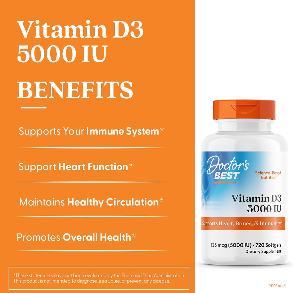 Doctor's Best Vitamin D3, 5000 IU, 720 Capsules - Bone, Teeth, and Immune Support