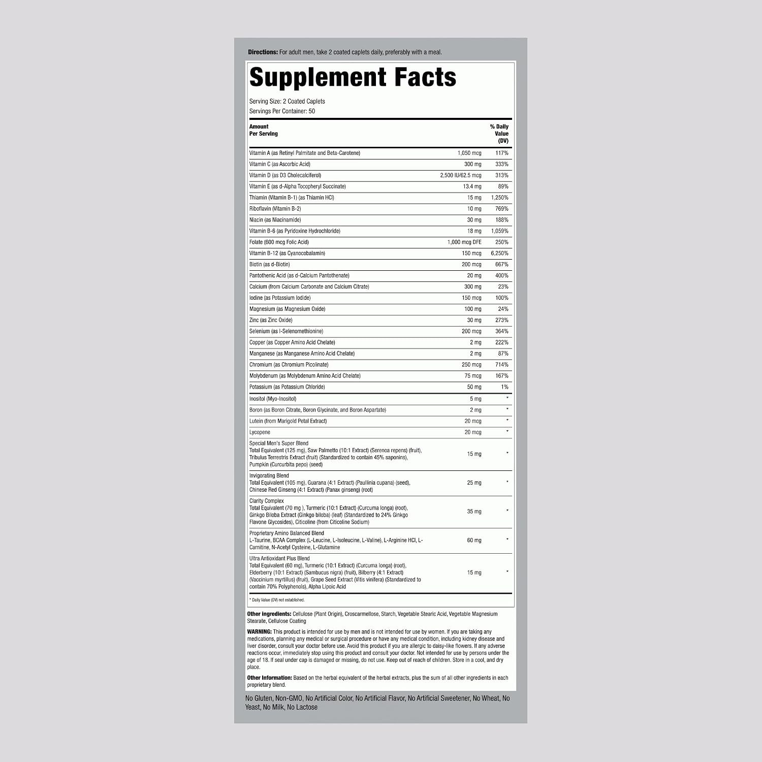 Piping Rock Multivitamínico para Hombres Mayores de 50 Plus | 100 Tabletas | con Vitamina D3, Potasio y Folato | Suplemento Mineral Diario | Sin Transgénicos, Sin Gluten