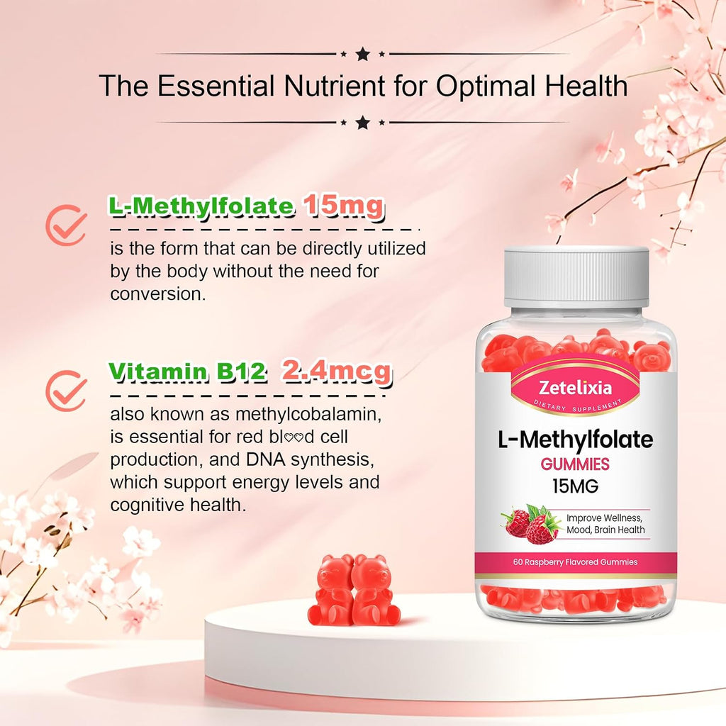 Zetelixia L-Metilfolato 15mg y Metil B12 Gominolas - Suplemento de Folato para la Salud Cerebral, Estado de Ánimo e Inmunidad - Sin Azúcar, Vegano, Sabor Frambuesa, 120 Unidades (2 Envases)