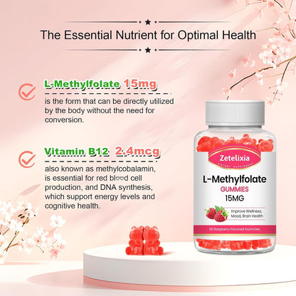 Zetelixia L-Metilfolato 15mg y Metil B12 Gominolas - Suplemento de Folato para la Salud Cerebral, Estado de Ánimo e Inmunidad - Sin Azúcar, Vegano, Sabor Frambuesa, 120 Unidades (2 Envases)