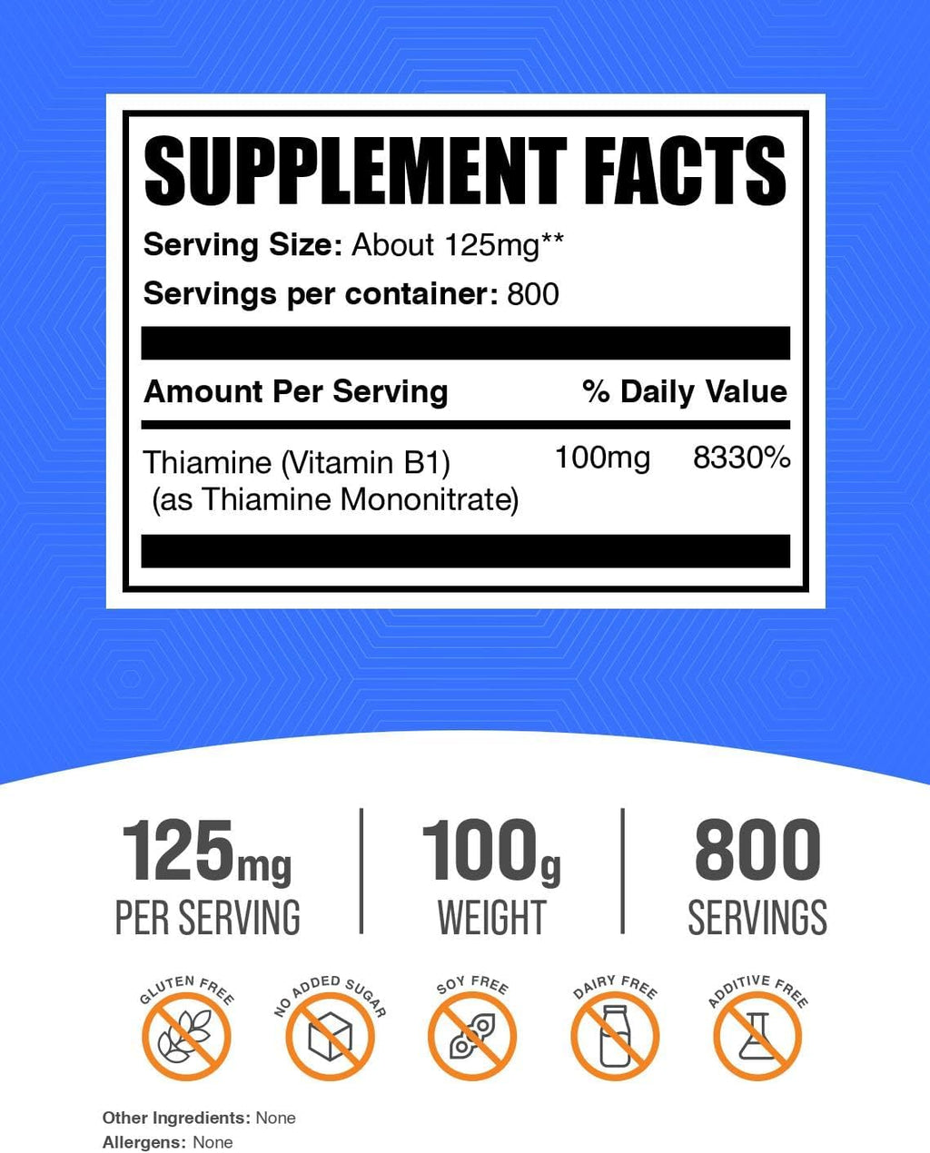BulkSupplements.com Mononitrato de Tiamina en Polvo - Vitamina B1, 125 mg por dosis, 100 g