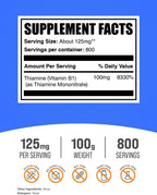 BulkSupplements.com Mononitrato de Tiamina en Polvo - Vitamina B1, 125 mg por dosis, 100 g