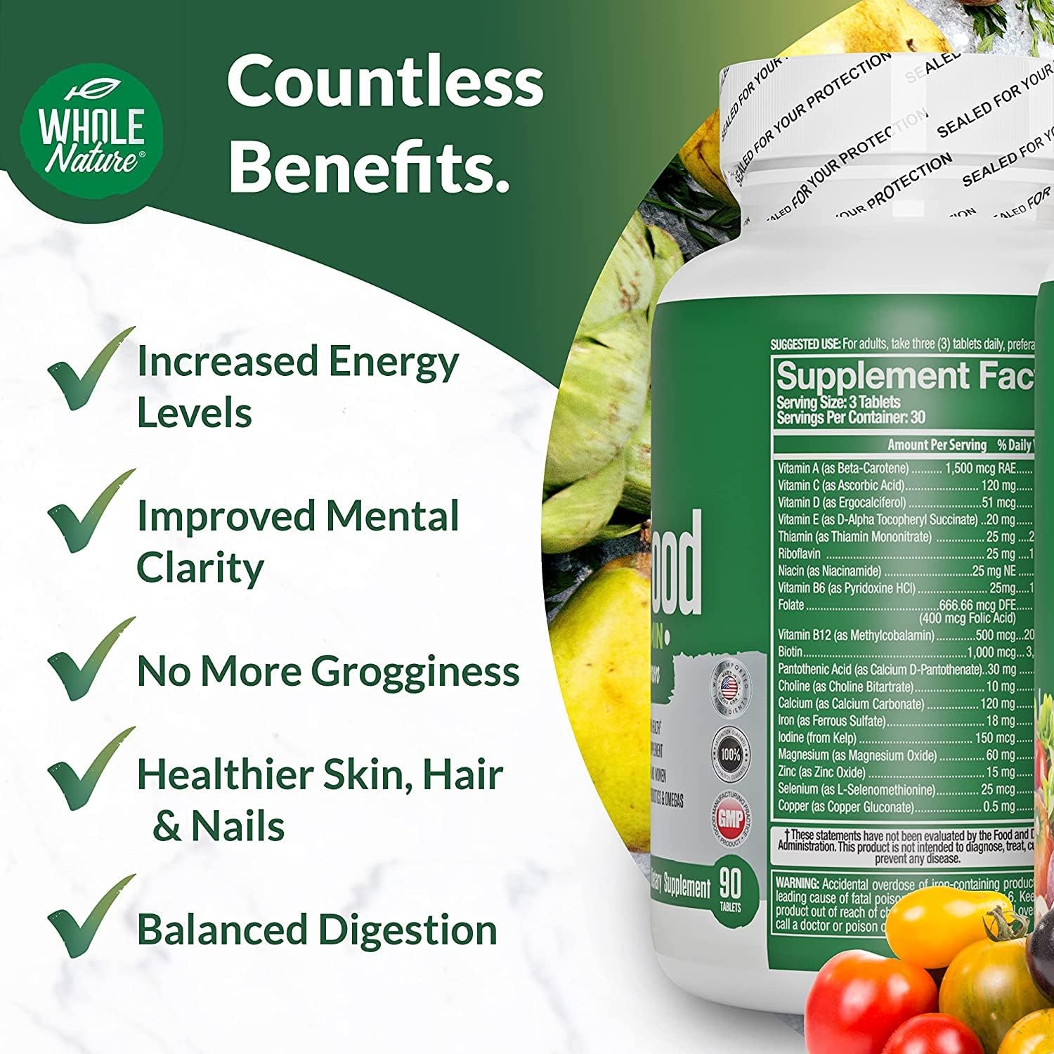 Whole Food Multivitamin for Men and Women - Complete Daily Superfood Vitamins Plus Minerals, Digestive Enzymes, Probiotics and Omegas
