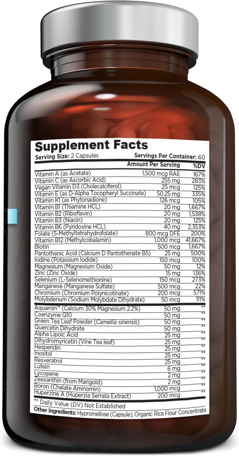 OmniBiotics Multivitamínico Diario Definitivo para Mujeres y Hombres – 34 Ingredientes Esenciales Incluyendo Vitaminas A, C, D, E, B6, B12, Biotina, Zinc – 120 Cápsulas Veganas