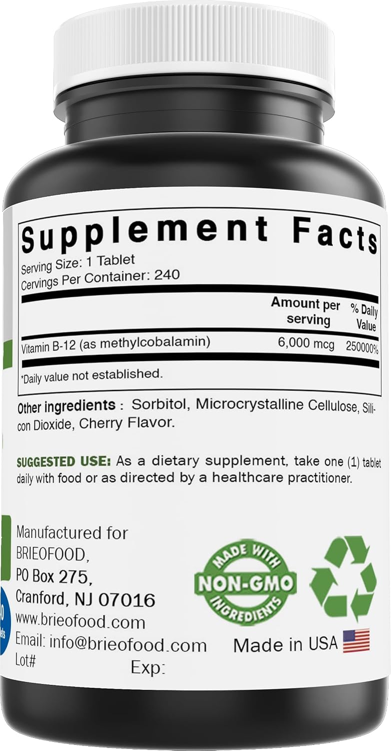 Brieofood Vitamina B-12 (Metilcobalamina) 6000 mcg - 240 Comprimidos, No OGM, Sin Gluten