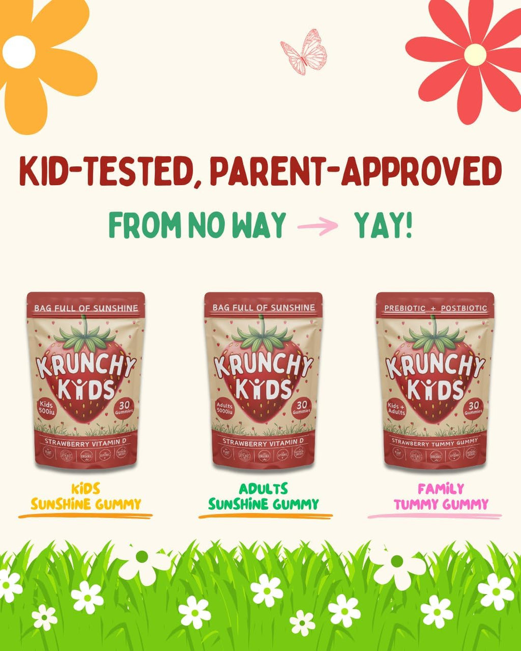 Krunchy Kids Vitamin D3 Gummies para Niños 2+ – Gomitas de Fresa con Ingredientes Limpios, Veganas y No-GMO, Bajo Índice Glucémico, 30 Unidades