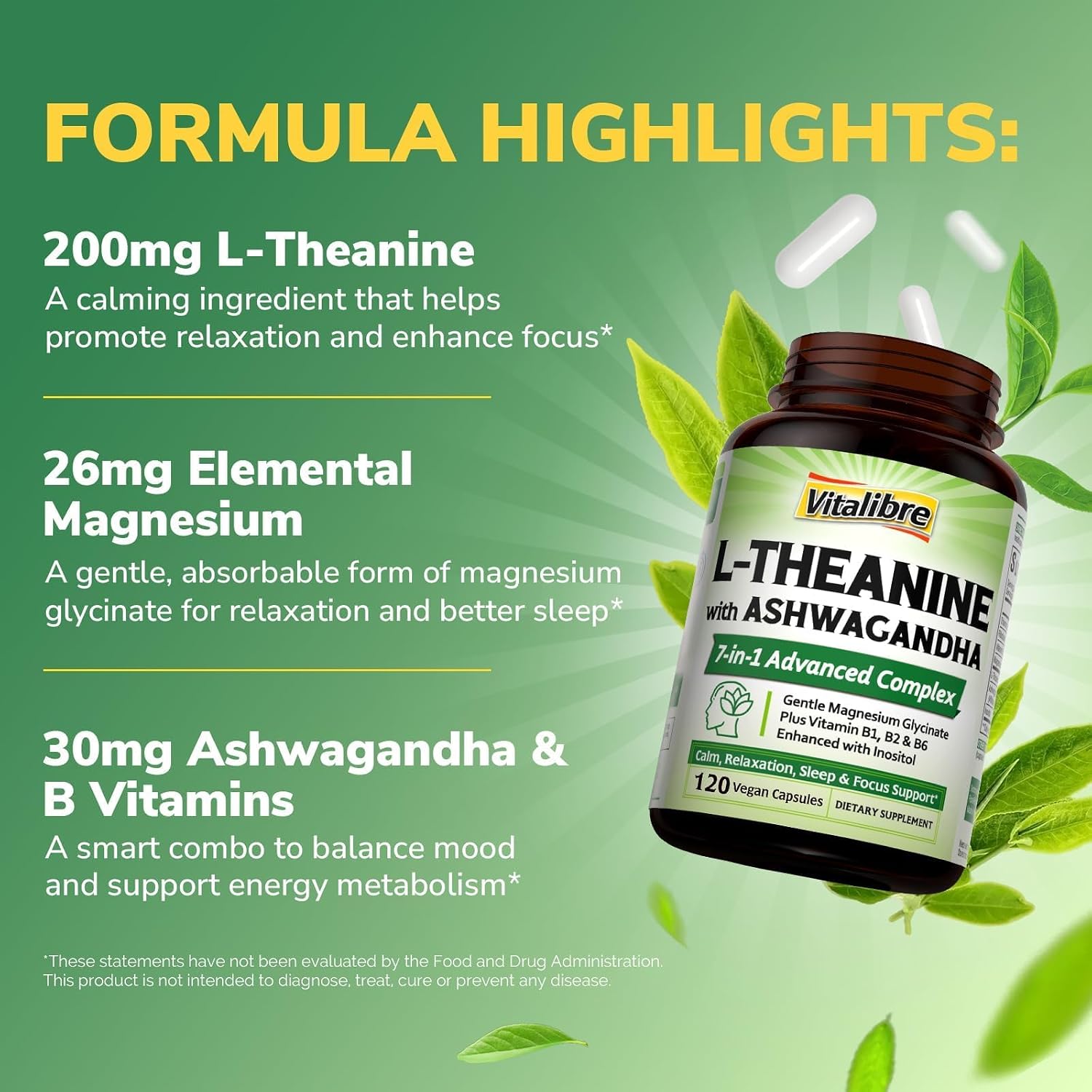 Vitalibre L-Teanina 200mg 7 en 1 con Magnesio Glicinato, Ashwagandha, Inositol y Vitaminas B1, B2, B6 - Apoyo para la Calma, Relax, Sueño y Concentración - 120 Cápsulas Veganas