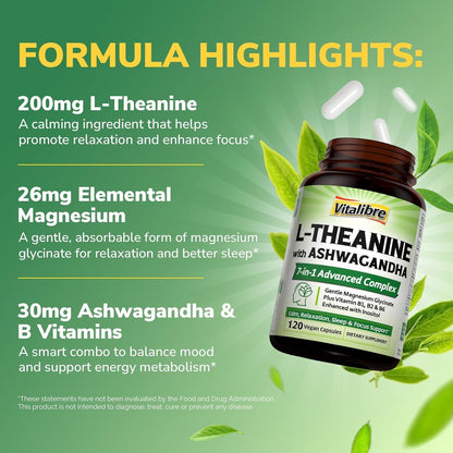 Vitalibre L-Teanina 200mg 7 en 1 con – Ashwagandha: Planta adaptógena utilizada tradicionalmente para apoyar la – Image 3