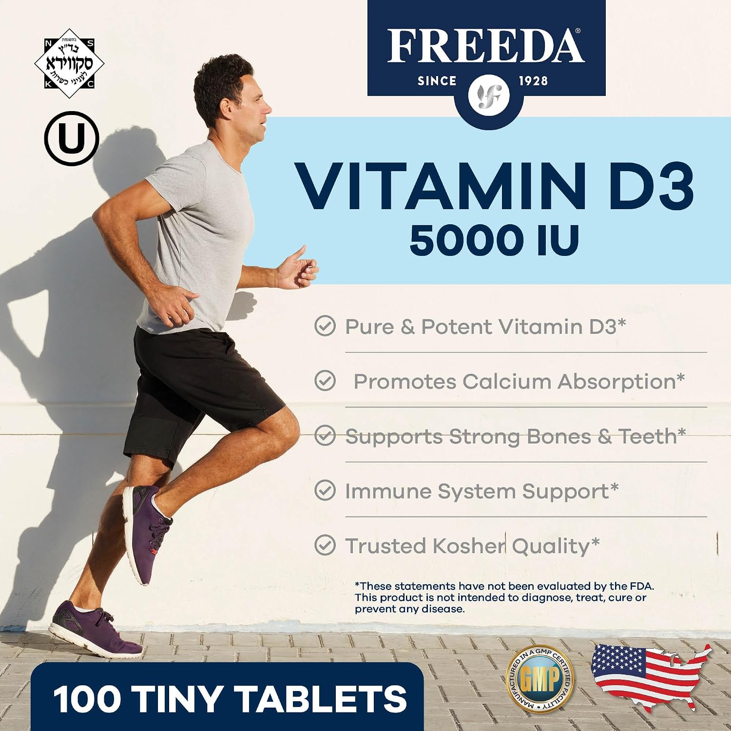 FREEDA Vitamina D3 5000 IU – Alta Potencia para Huesos e Inmunidad – Comprimidos Fáciles de Tragar – 100 Comprimidos