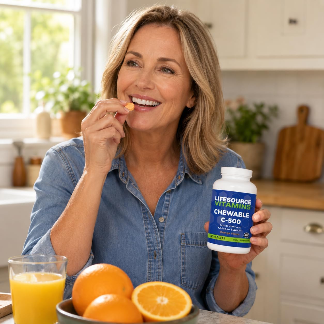LifeSource Vitamin C 500 mg - 100 Comprimidos Masticables - Sabor Naranja - Endulzado con Stevia