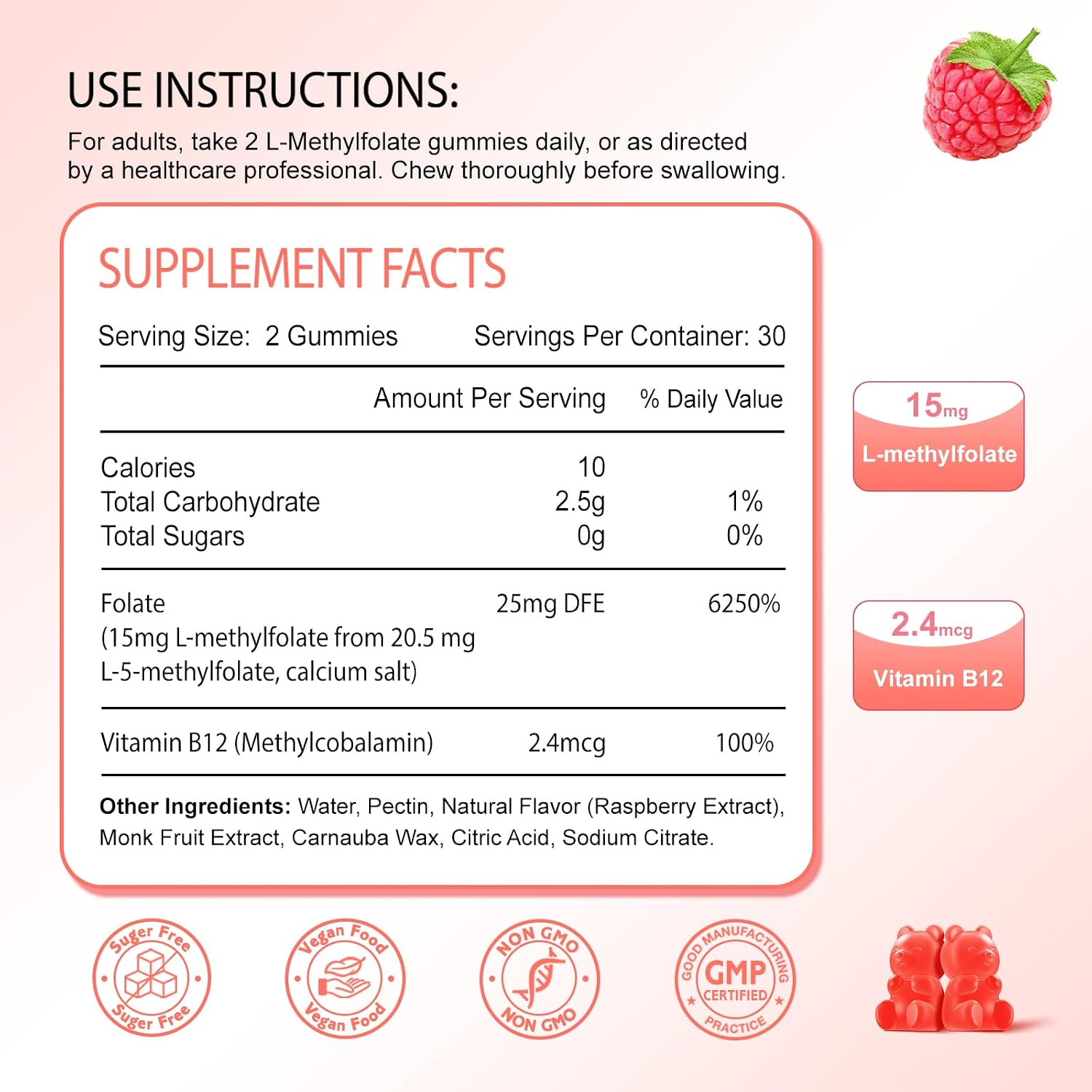 Zetelixia L-Metilfolato 15mg y Metil B12 Gominolas - Suplemento de Folato para la Salud Cerebral, Estado de Ánimo e Inmunidad - Sin Azúcar, Vegano, Sabor Frambuesa, 120 Unidades (2 Envases)