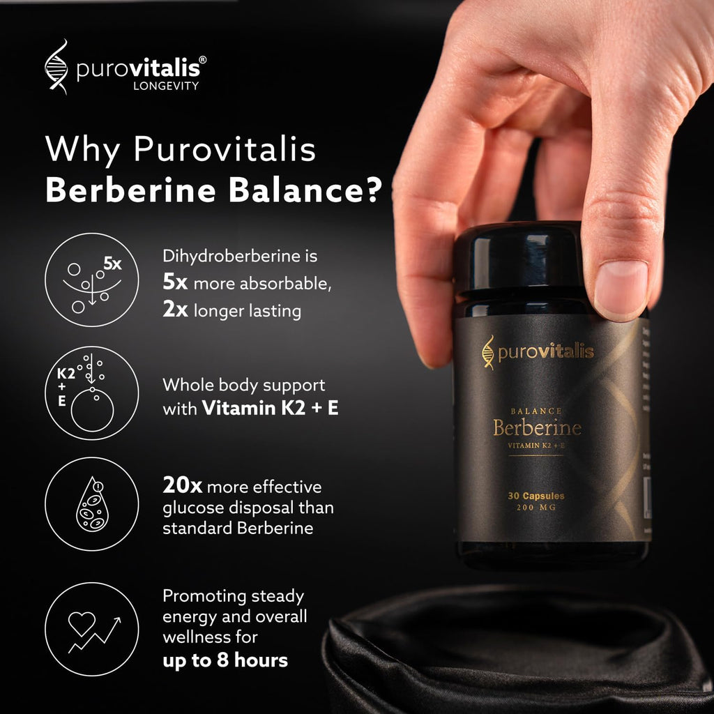 PUROVITALIS Dihydroberberine 200mg con Vitamina K2 y E, Suplemento de Berberina de Alta Concentración, 1 Mes de Suministro (30 Cápsulas Veganas)