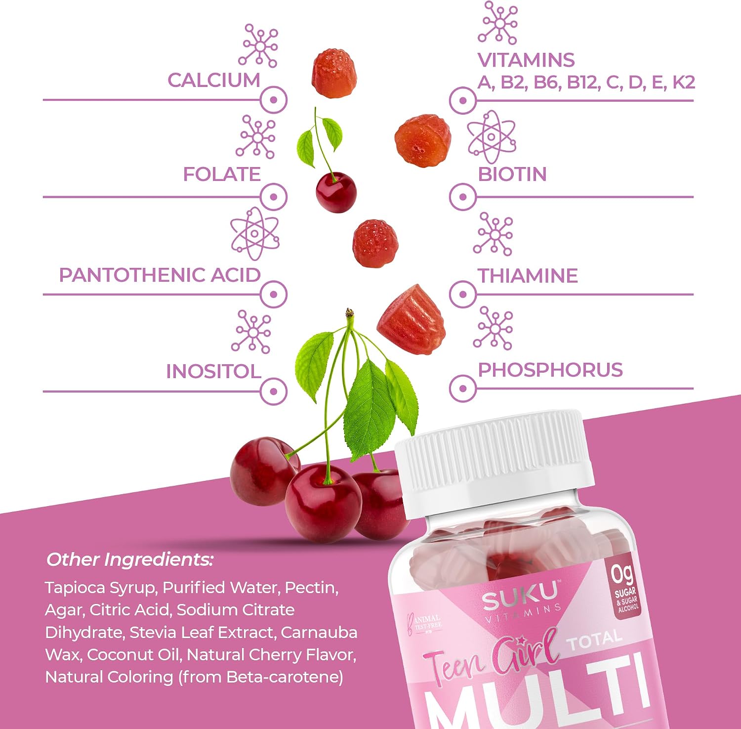 SUKU Gominolas Multivitamínicas para Chicas Adolescentes - Sin Azúcar - 60 Gomitas Sabor Cereza