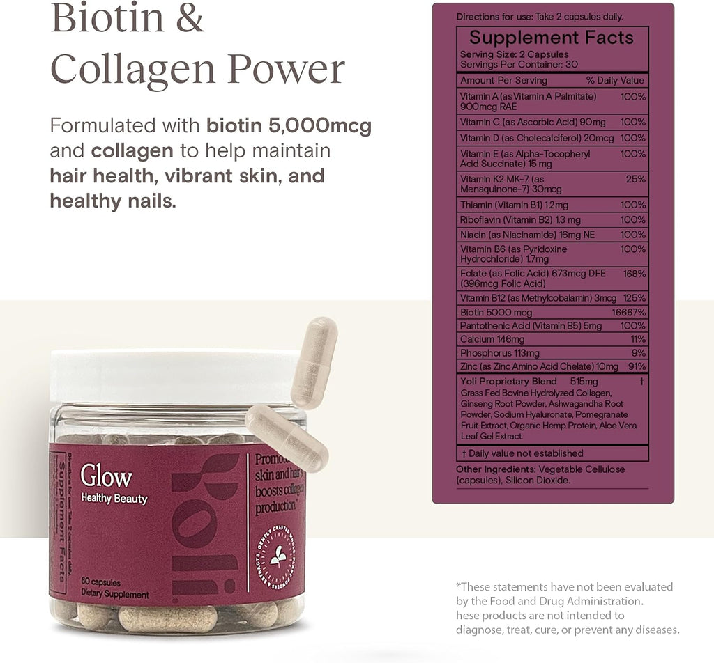Yoli Glow Biotina y Colágeno Multivitamínico Diario, Cabello Piel Uñas, 60 comprimidos