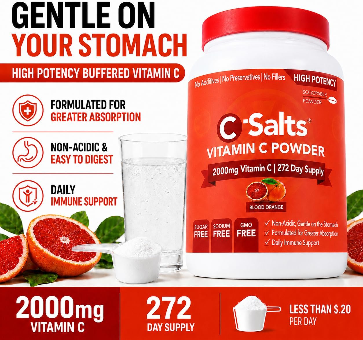 C-Salts Vitamina C en Polvo Tamponada - Sabor Naranja Sangre, 26 oz (735 g) - 272 Servicios