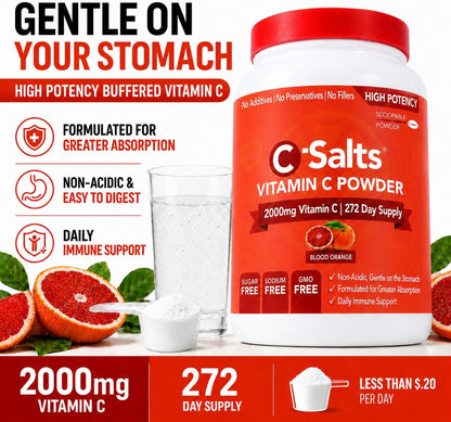 C-Salts Vitamina C en Polvo Tamponada - Sabor Naranja Sangre, 26 oz (735 g) - 272 Servicios – Image 3