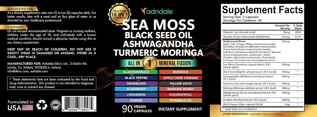 Adndale Sea Moss Capsules - Mezcla de 18 Ingredientes con Ashwagandha y Cúrcuma - 180 Cápsulas