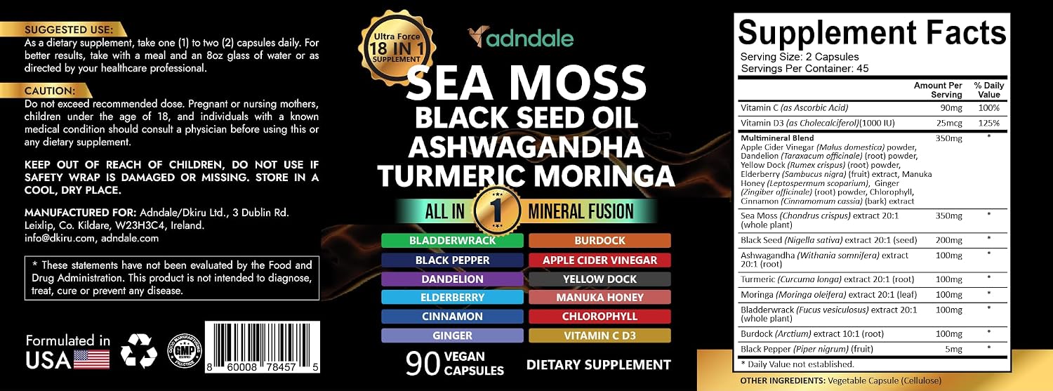 Adndale Sea Moss Capsules - Mezcla de 18 Ingredientes con Ashwagandha y Cúrcuma - 180 Cápsulas