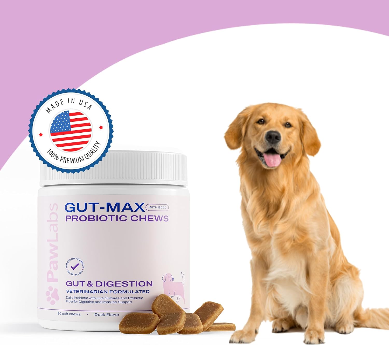 Gut Max Probiotic Chews - Masticables digestivos e inmunitarios para perros con BC30™ - Sabor a pato - 90 unidades