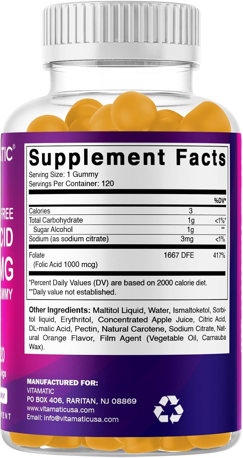 Vitamatic Ácido Fólico Gominolas 1000 mcg (1 mg) – Vitamina B9 (1667 mcg DFE) – Sin Azúcar – Sabor Naranja Natural – Vegano – 120 Gominolas