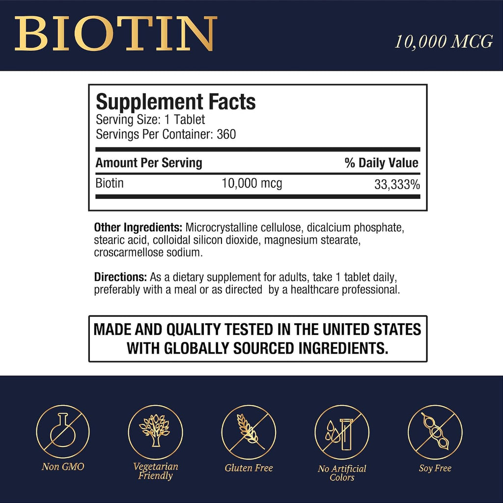 Puregen Labs Biotina 10.000 mcg – 360 Comprimidos Vegetarianos – Apoyo para Cabello, Piel y Uñas