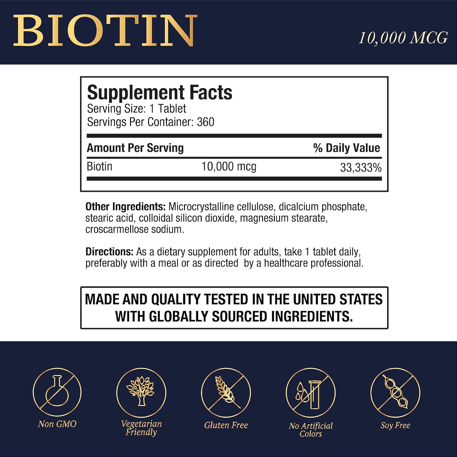 Puregen Labs Biotina 10.000 mcg – 360 Comprimidos Vegetarianos – Apoyo para Cabello, Piel y Uñas