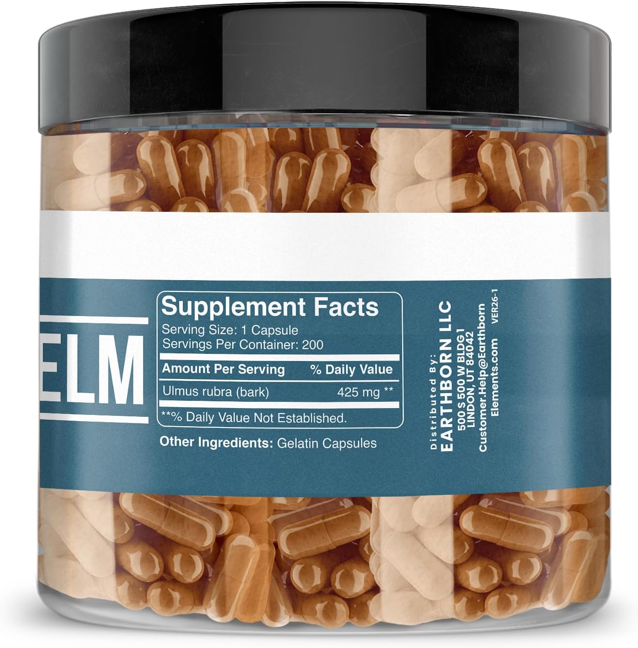 Earthborn Elements Slippery Elm 200 Cápsulas, Puro y sin Diluir, Sin Aditivos