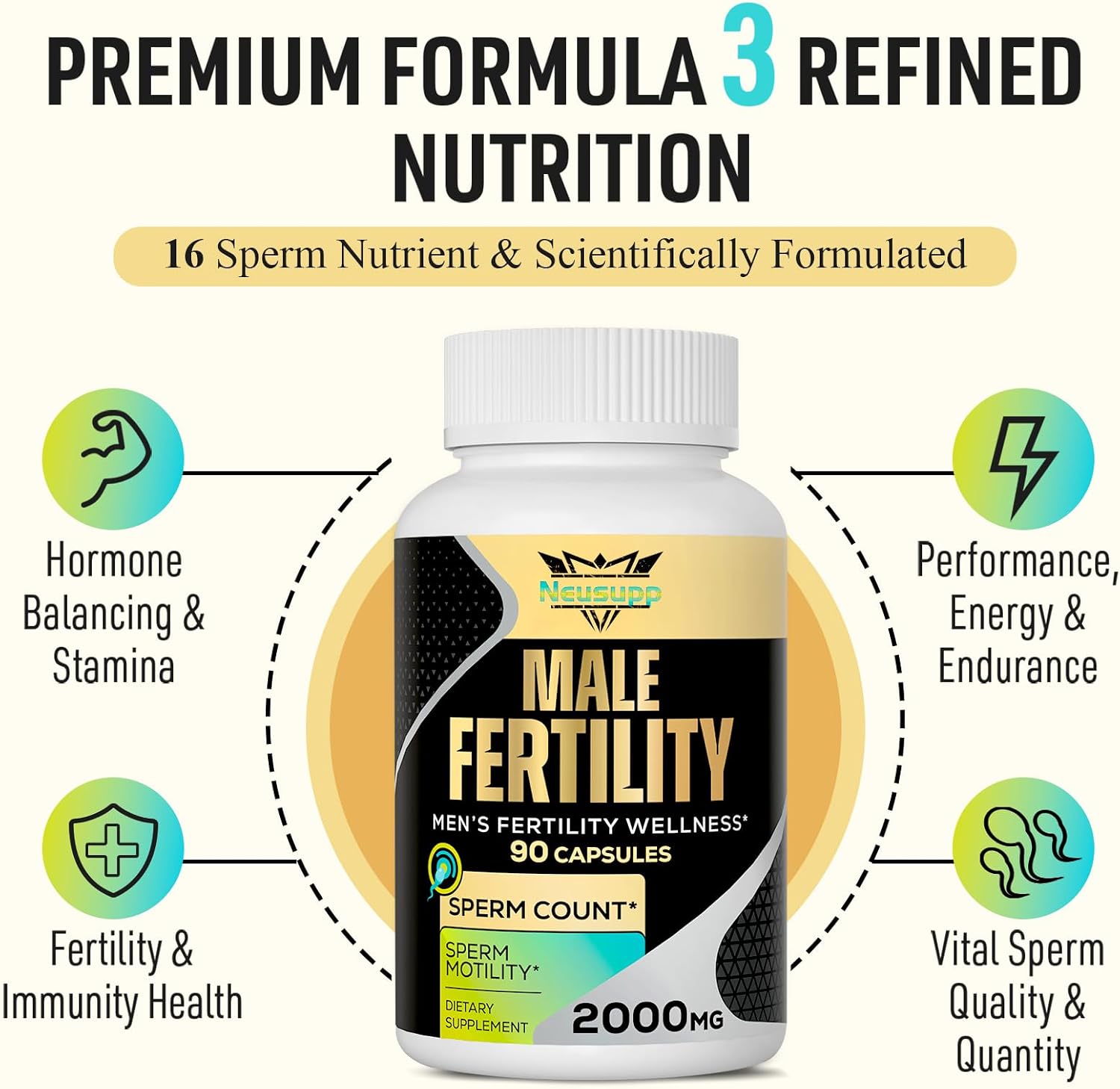 Neusupp Suplemento de Fertilidad Masculina - Vitaminas Prenatales para Hombres con CoQ10, Maca, Zinc, NAC y Folato - 90 Cápsulas