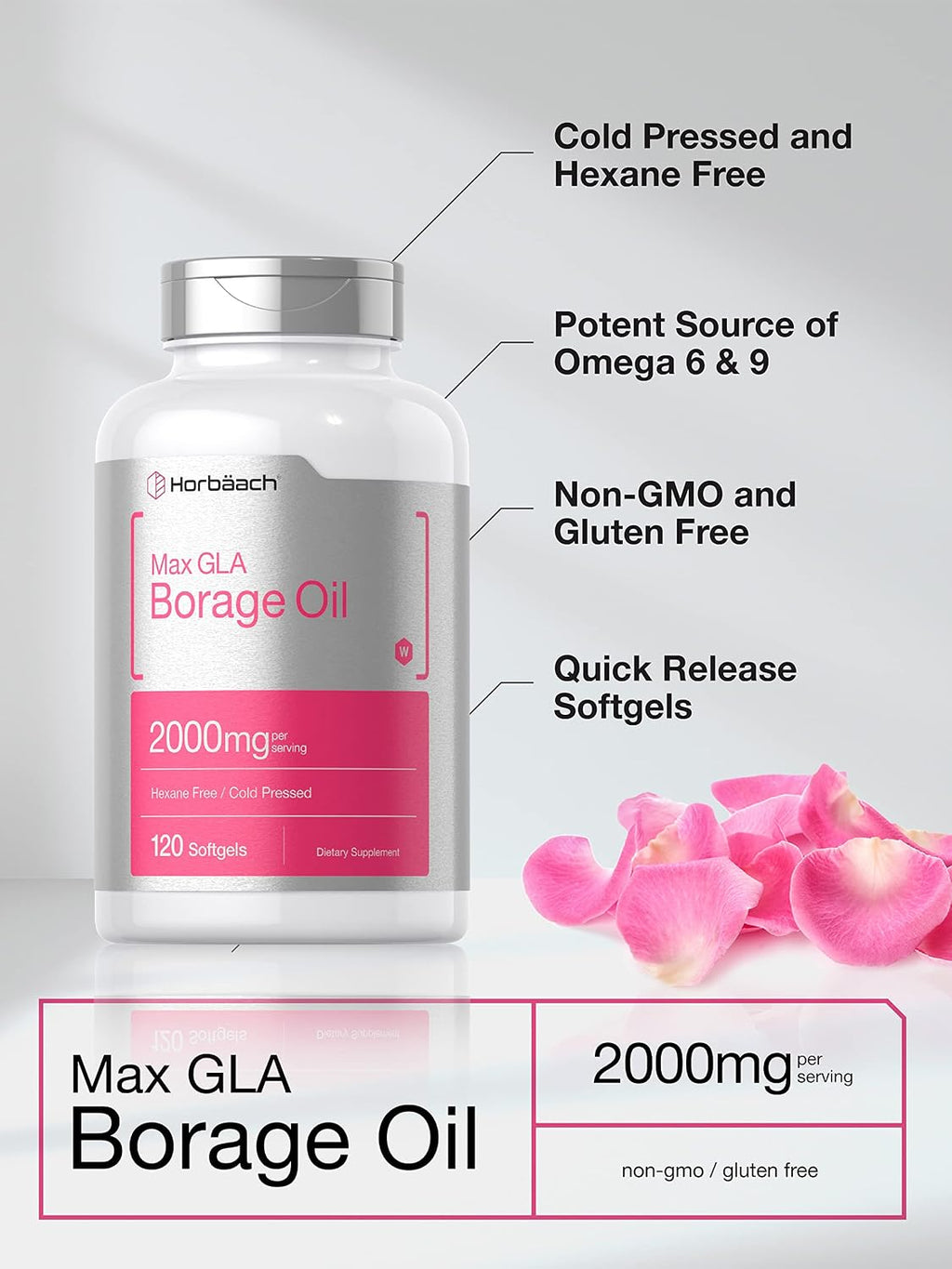 Aceite de Borraja 2000 mg | 120 Cápsulas Blandas | 320 mg de GLA | Horbäach