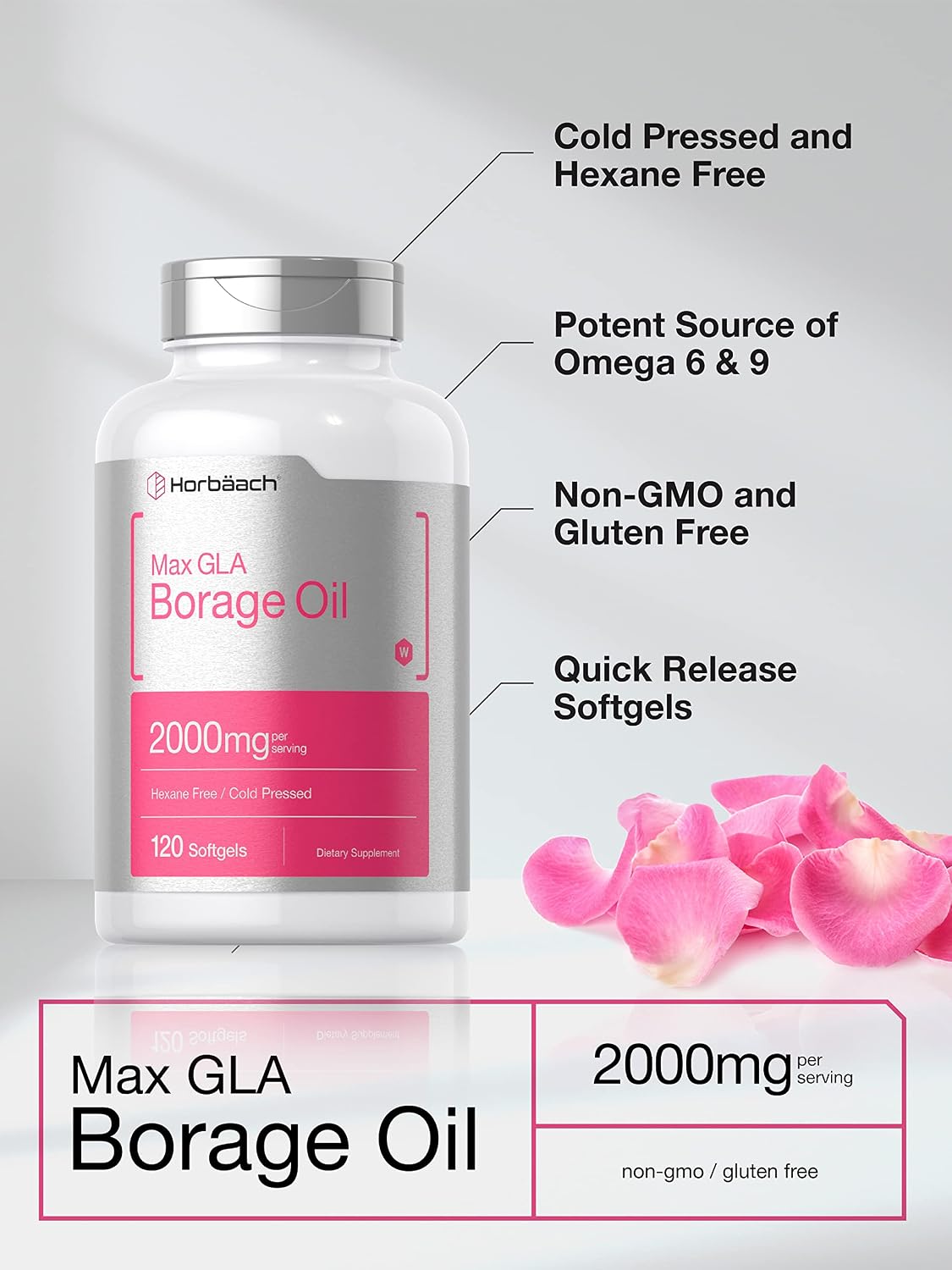 Aceite de Borraja 2000 mg | 120 Cápsulas Blandas | 320 mg de GLA | Horbäach