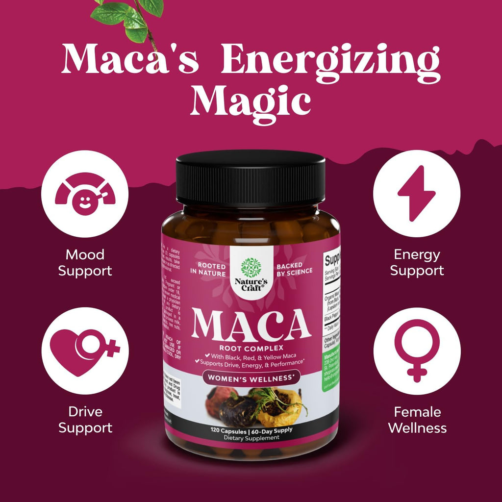 Cápsulas de Raíz de Maca para Mujeres - Mezcla de Maca Roja, Amarilla y Negra - No-GMO, Vegano y Sin Gluten - 120 Cápsulas