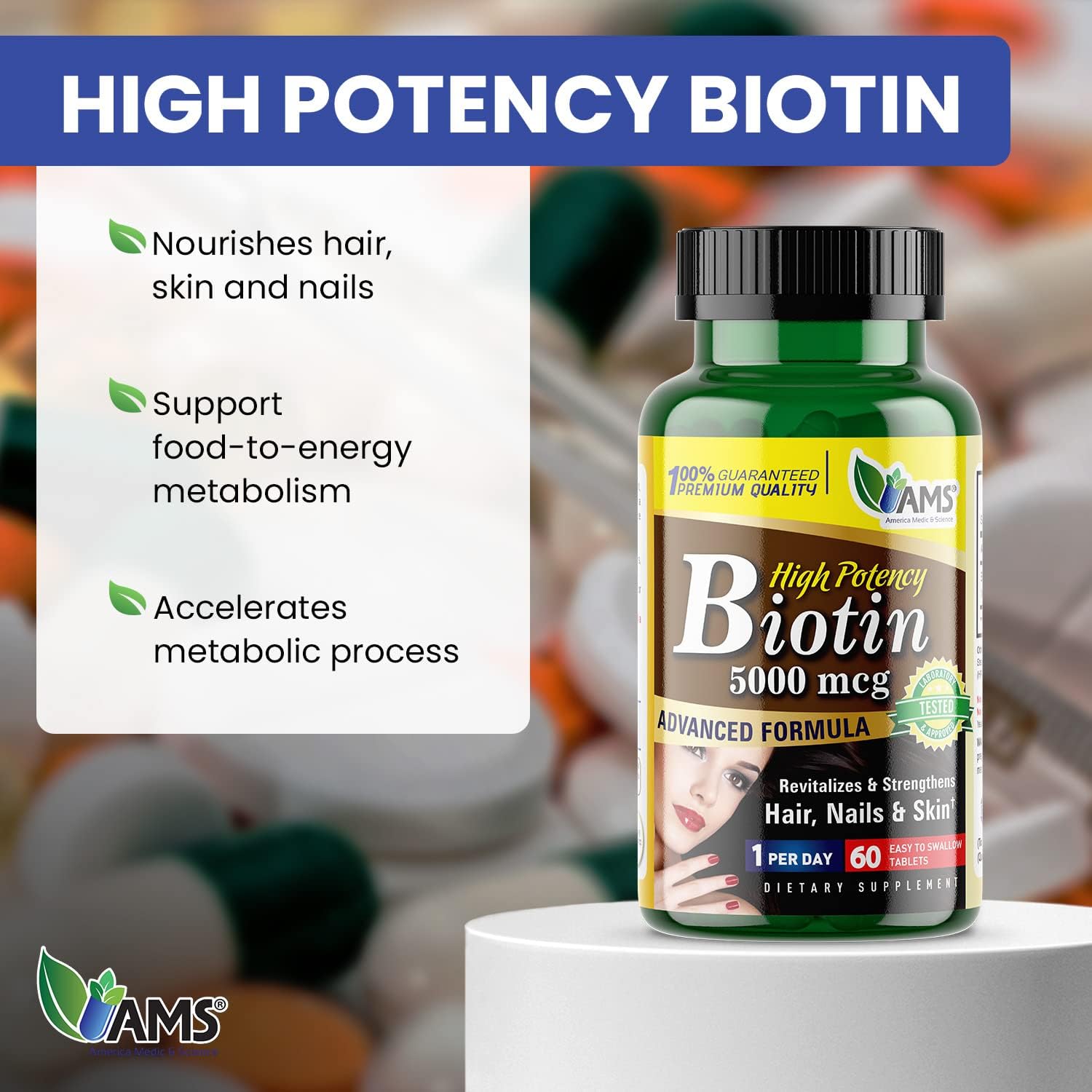 America Medic & Science Biotina 5000 mcg – Complemento de Vitamina B7 para Cabello, Piel y Uñas