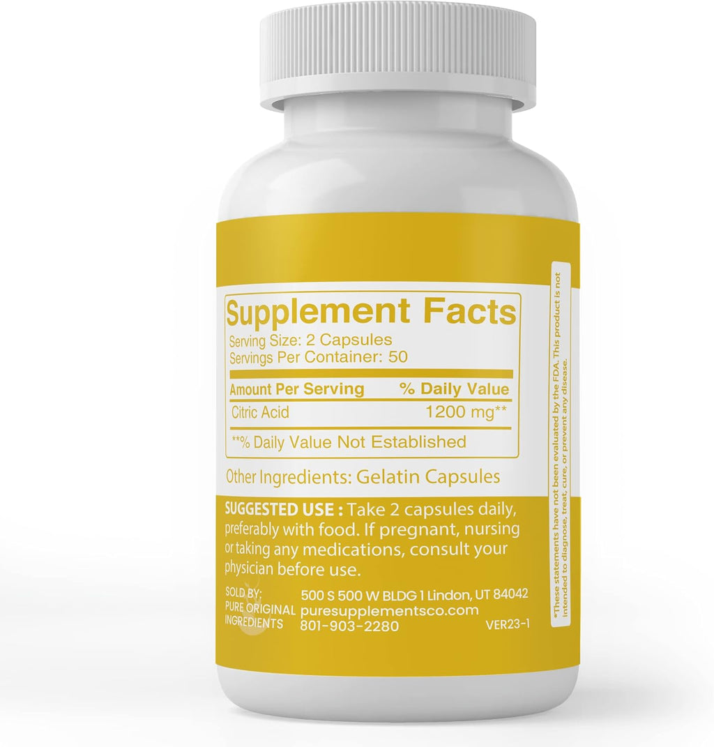 Pure Original Ingredients Ácido Cítrico, 100 Cápsulas - Sin Aditivos