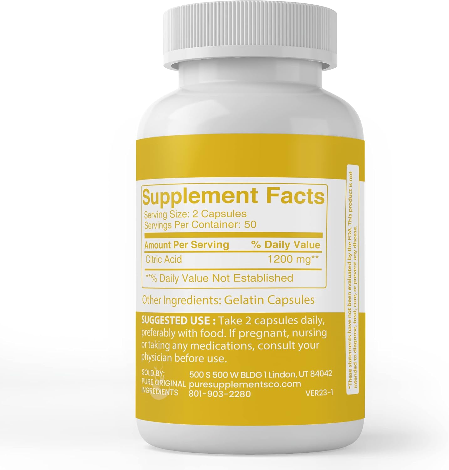 Pure Original Ingredients Ácido Cítrico, 100 Cápsulas - Sin Aditivos