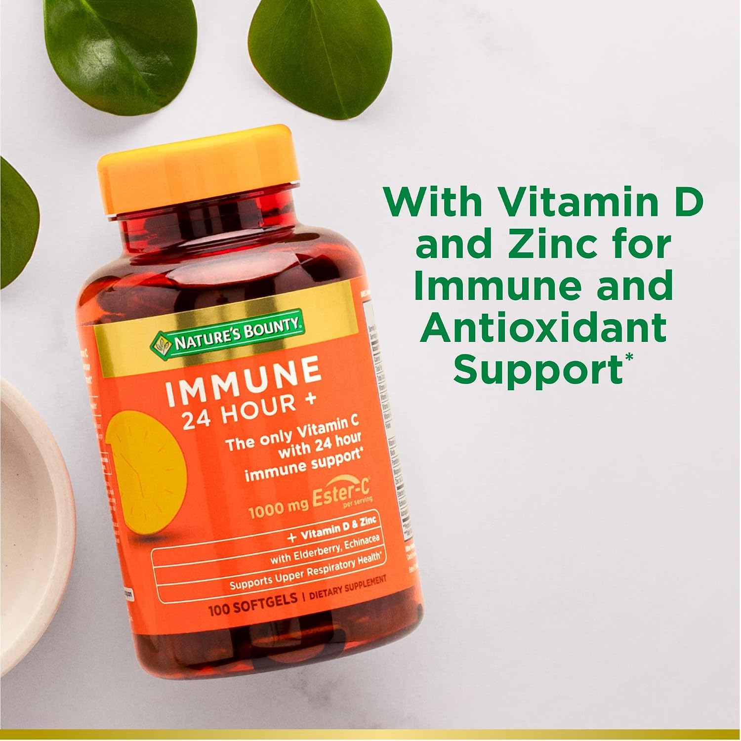 Nature's Bounty Vitamina C 24h Apoyo Inmunológico con Zinc y Vitamina D, 1000mg Ester-C, 100 Cápsulas Blandas
