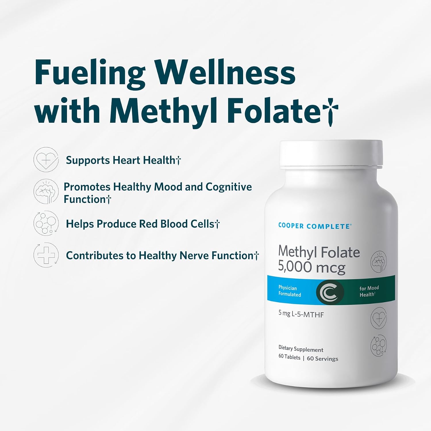 Cooper Complete L-5-MTHF Metilfolato 5 mg, 60 Cápsulas, Apoyo al Estado de Ánimo