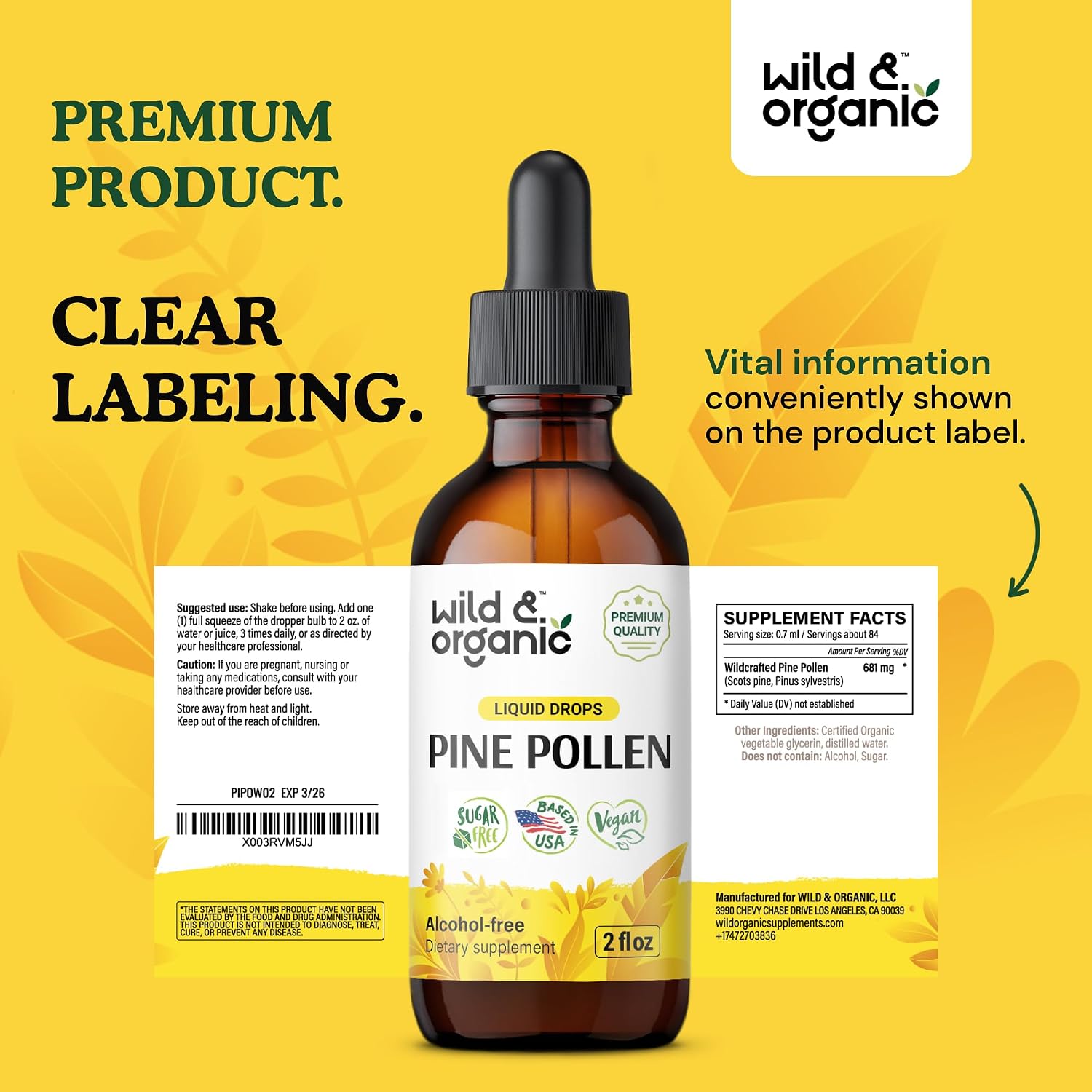 Wild & Organic Tintura de Polen de Pino - Extracto de Polen de Pino Silvestre - Suplemento Líquido Vegano, Sin Alcohol ni Azúcar - 2 fl oz (59 ml)