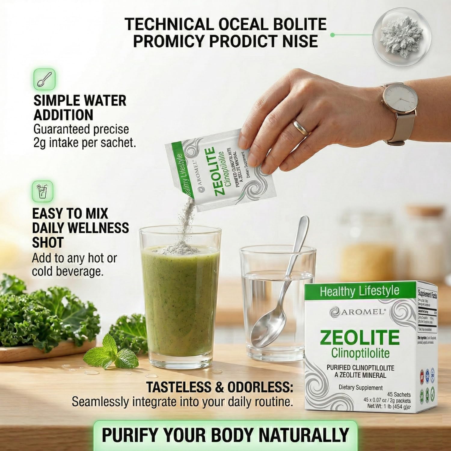 aromel Zeolite Powder Clinoptilolite - 45 Sobres de Polvo Ultrafino (<1 µm) | Clinoptilolita 95% | 3X Activado