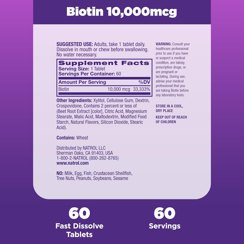 Natrol Beauty Biotin 10000mcg - 60 Comprimidos de Disolución Rápida Sabor Fresa