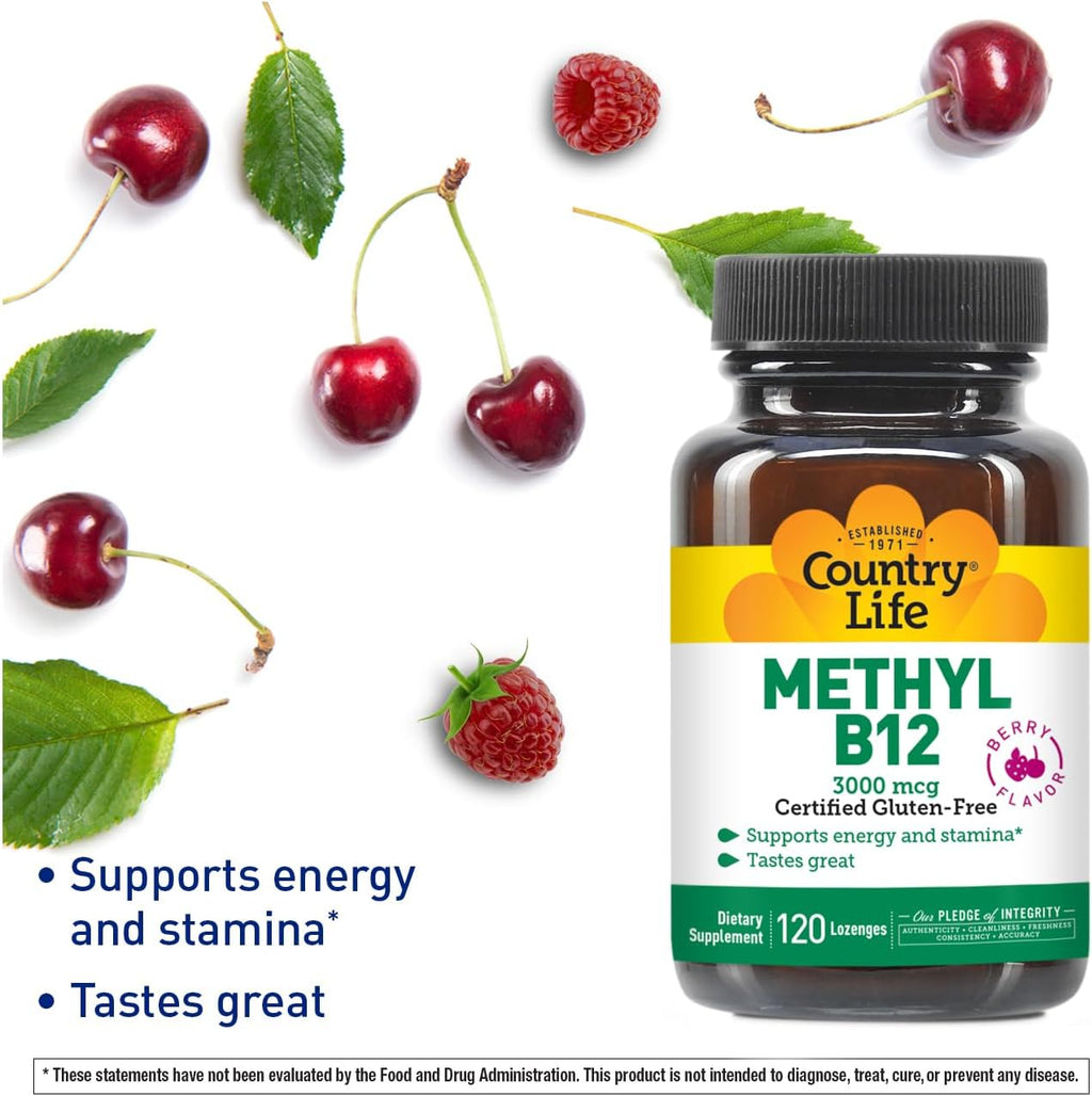 Country Life Metil B12, 3000 mcg Pastillas, Sabor a Bayas, 120 Pastillas Veganas