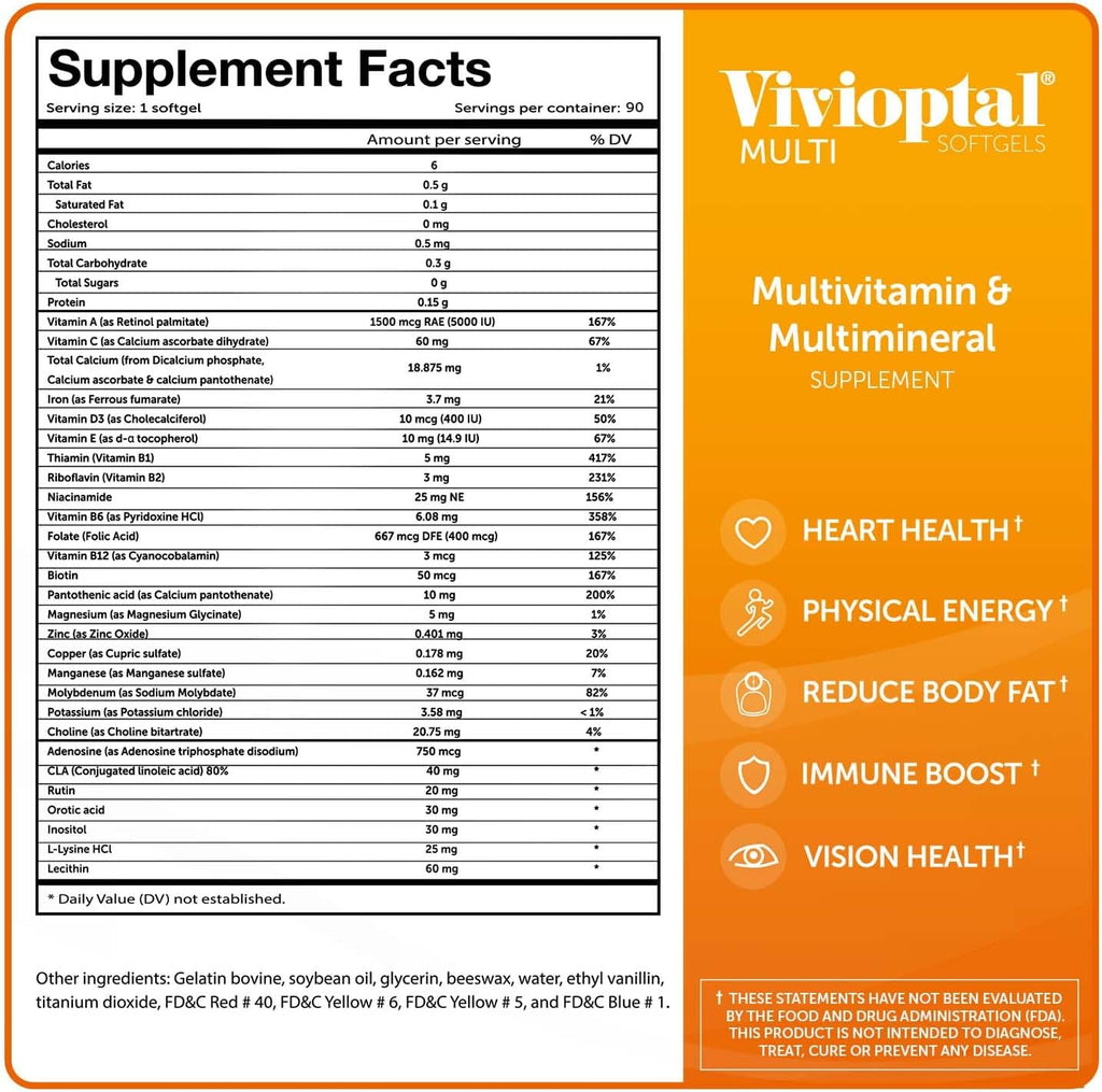 Vivioptal Multi, 90 Cápsulas Blandas (Suministro para 1 Año), Multivitamínico y Multimineral, Sin Gluten, Fórmula Alemana