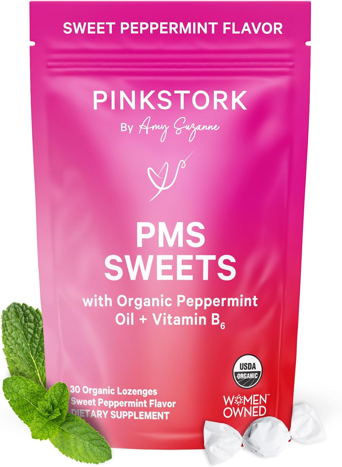 Pink Stork Organic PMS Support Sweets - Caramelos Orgánicos con Vitamina B6 y Menta Piperita para el Síndrome Premenstrual - 30 Unidades