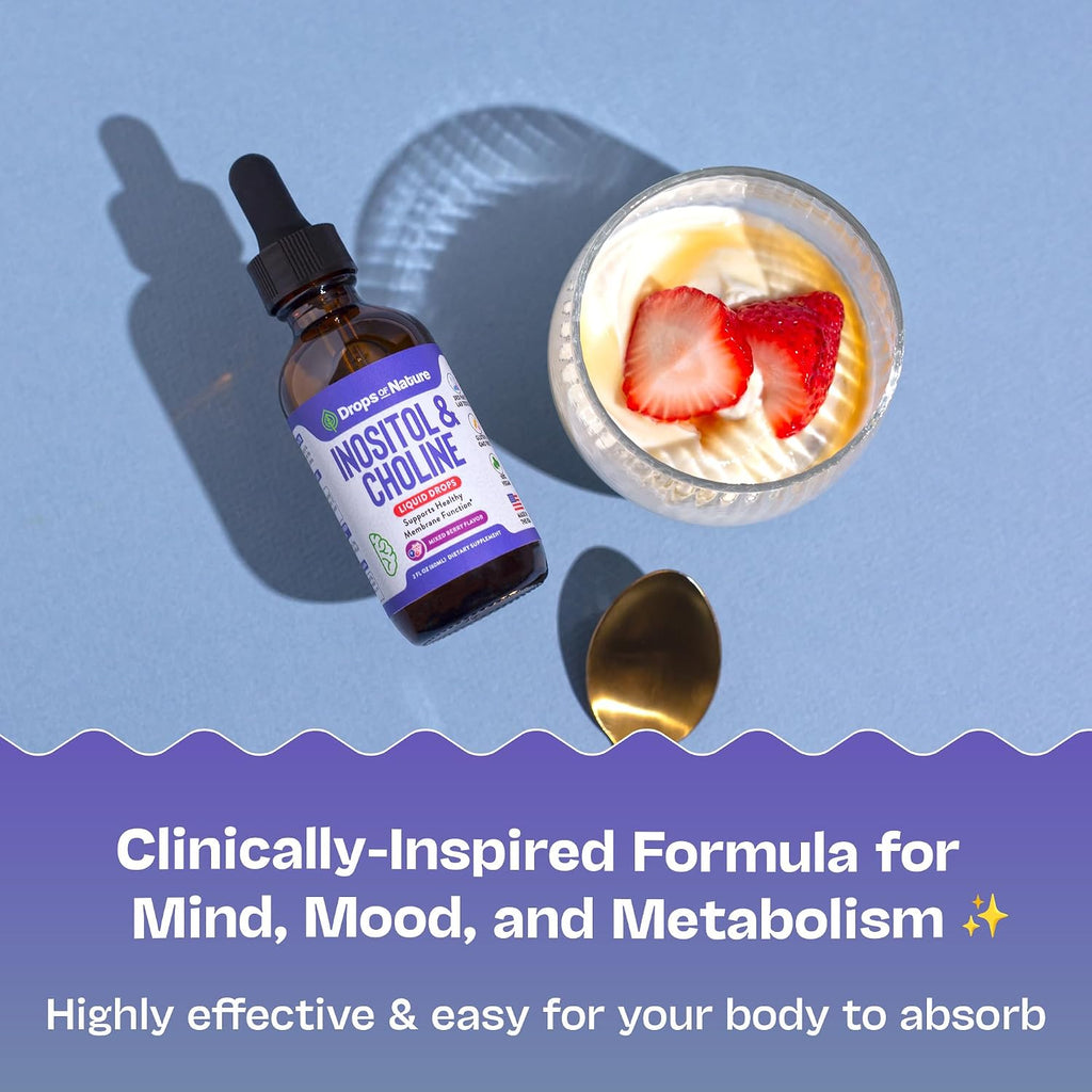 Gotas Líquidas de Inositol y Colina – Vegano, No GMO, Fácil de Tomar – Suplemento de Inositol de Absorción Mejorada – Vitaminas Prenatales para Mujeres – Apoya la Salud Celular y el Bienestar General (Frutos Rojos, 60ml)